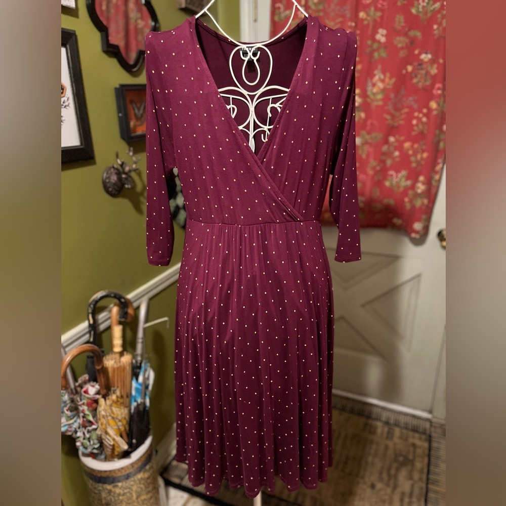 torrid Burgundy Gold Polka Dot Long-Sleeve Faux Wrap Dress 0